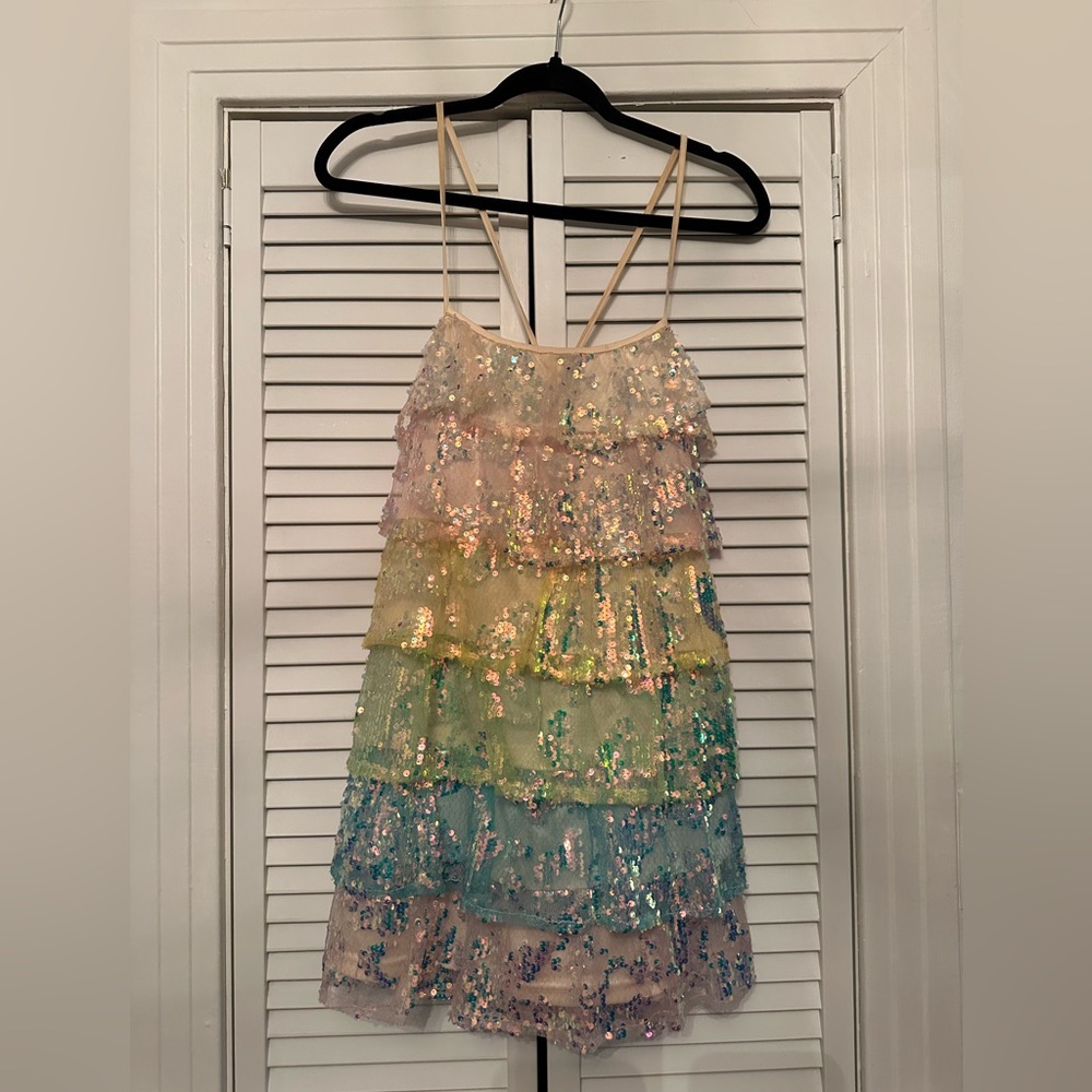 Sequin multi colored tiered mini dress with tie back eras tour